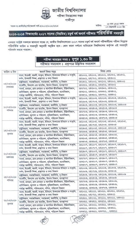 জাতীয় বিশ্ববিদ্যালয়ের ২০১৭ সালের অনার্স ৪র্থ বর্ষ পরীক্ষার পরিবর্তিত সময়সূচী
