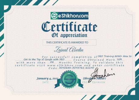 Certificate for User Zainal Abedin