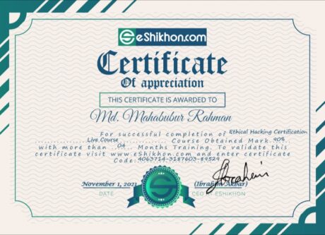 Certificate for User Md. Mahabubur Rahman