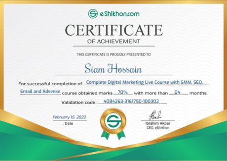 Certificate for User siam hossain