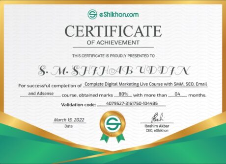 Certificate for User S. M. SHIHAB UDDIN