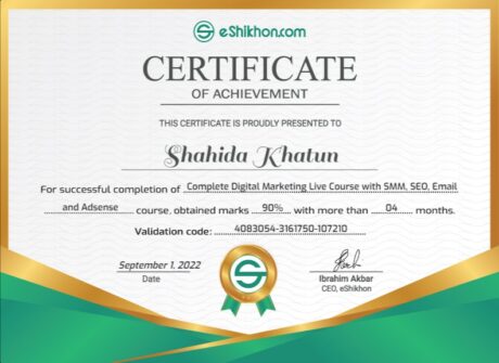 Certificate for User shahida khatun