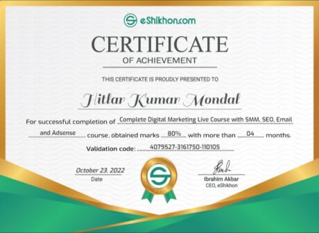 Certificate for User Hitlar Kumar Mondal