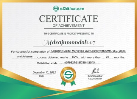 Certificate for User mdrajumondol007