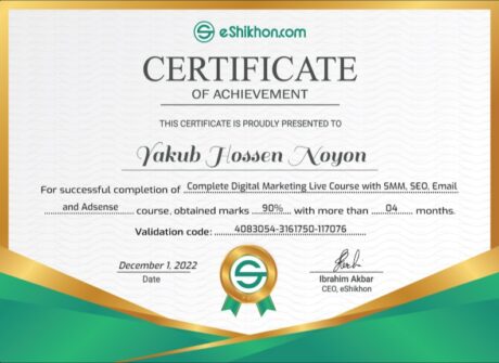 Certificate for User Yakub Hossen Noyon