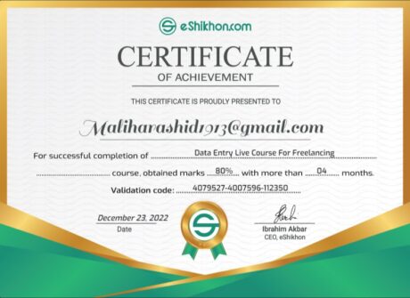 Certificate for User maliharashid1913@gmail.com
