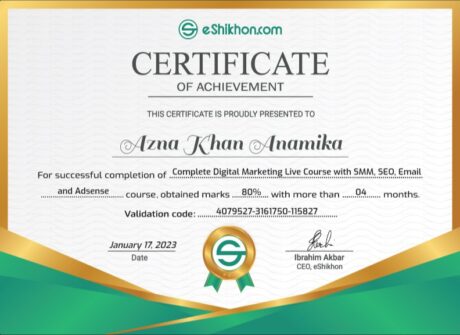 Certificate for User Azna Khan Anamika