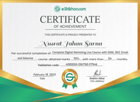 Certificate for User Nusrat Jahan Sarna