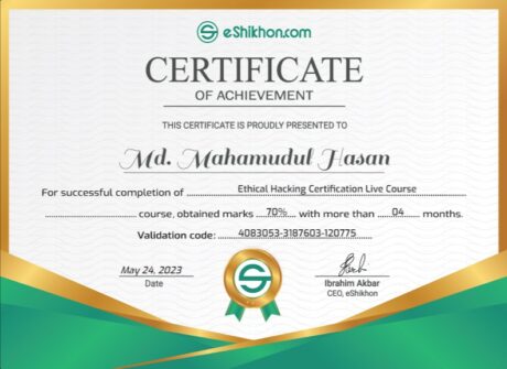 Certificate for User Md. Mahamudul Hasan