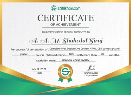 Certificate for User A. A. M. Shahedul Siraj