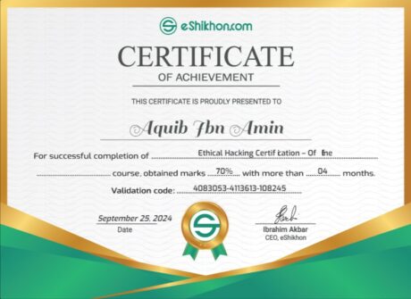 Certificate for User Aquib Ibn Amin