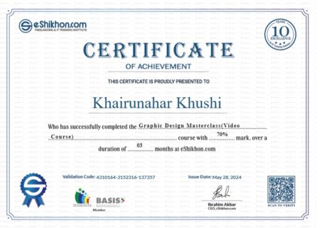 ব্যবহারকারী Khairunahar Khushi এর জন্য শংসাপত্র